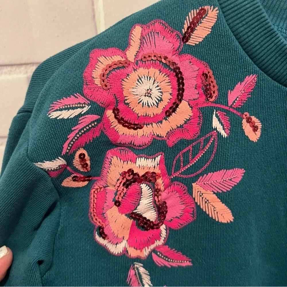 Gymboree Green Sweatshirt with Floral Embroidery/size S